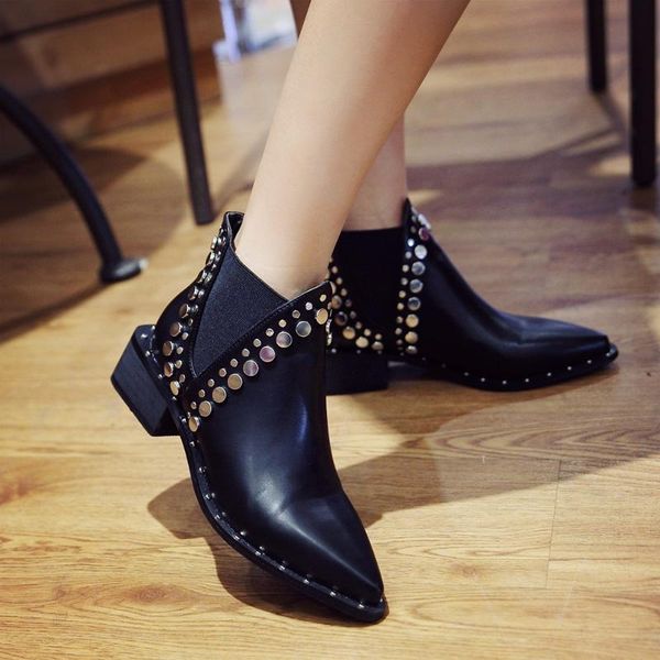 

boots rivets faux leather booties sequin thick heel black ankle women studded decorated woman motorcycle size 35-40