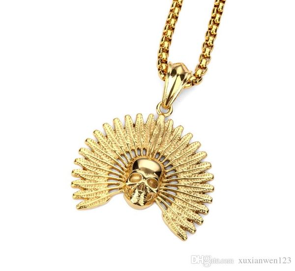 

hip hop stainless steel jewelry skull head with feather pendant 60cm chain punk necklace mens fashion accessories, Silver