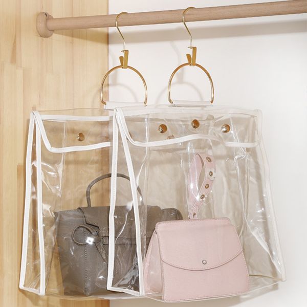 

pvc dust storage bags wardrobe closet transparent hanging handle handbag protector with magnetic snap sundries organization