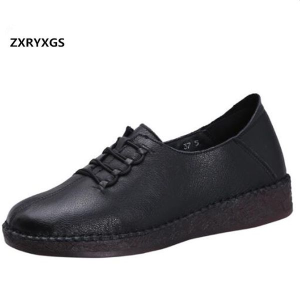 

promotion 2020 spring шнуровке top коровьей полный обувь из натуральной кожи женщины мягкие комфорт обувь flat мода повседневная, Black
