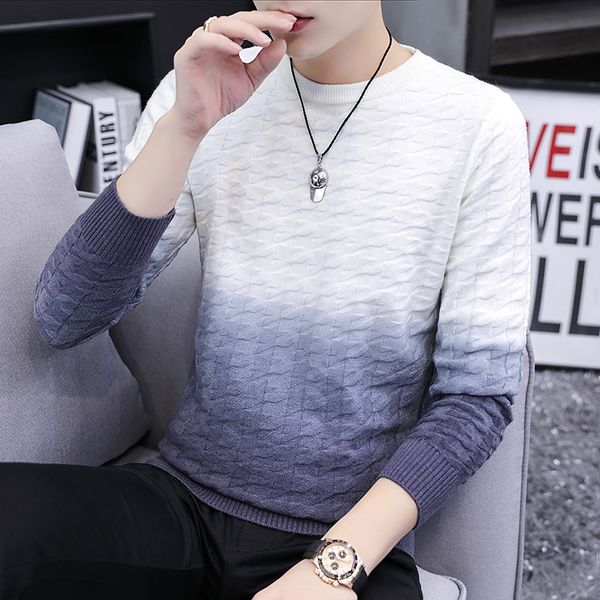 

2020 autumn men's round neck gradient sweater youth fashion handsome all-match bottoming sweater, White;black