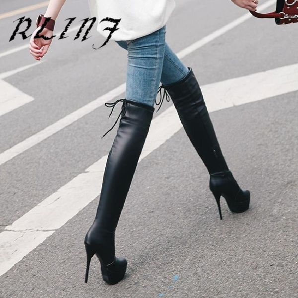 

rlinf new waterproof platform super high heel stiletto slim long round round head stretch skinny female long boots, Black