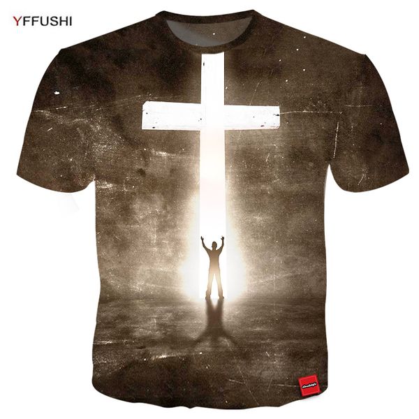

yffushi male short sleeve t-shirts unique easter t-shirt men glowing bright cross 3d print tees plus size 5xl, White;black