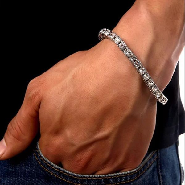 

iced out gold chain bracelet for mens hip hop damond tennis bracelets jewelry single row rhinestone bracelet 8inch, Golden;silver