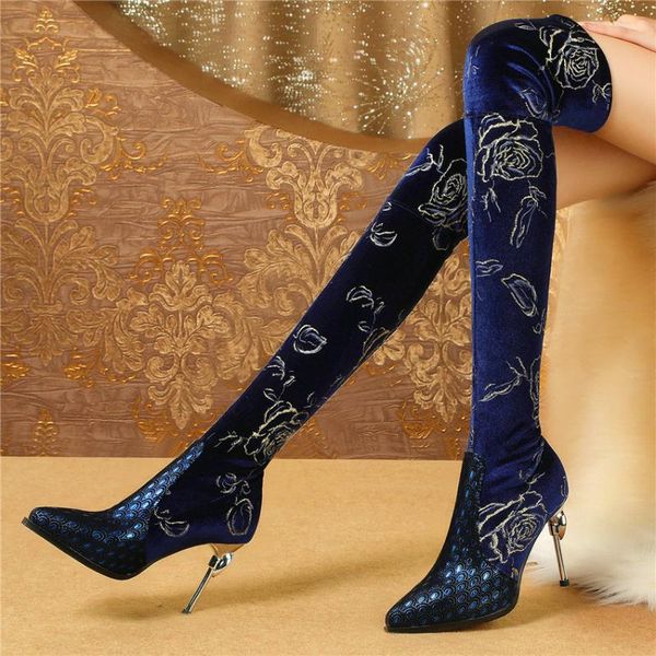 

women cow leather high heel stretchy over the knee high boots pointed toe embroider slim leg platform pumps winter casual shoes, Black