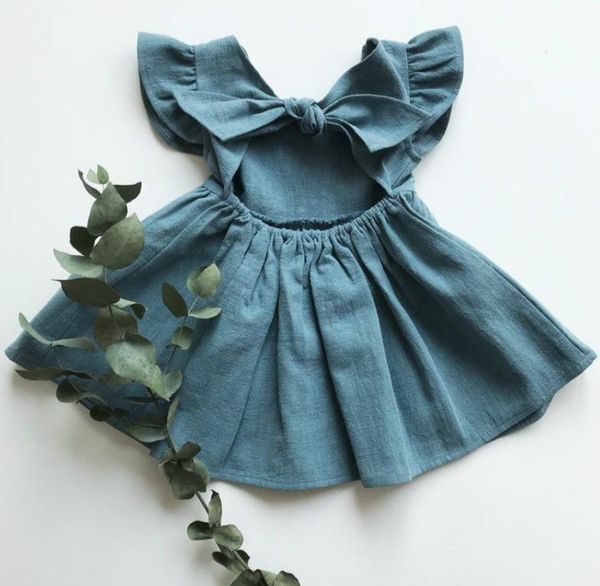 Abiti da bambina in cotone e lino Abito da principessa per bambini Maniche volanti Abiti per bambini Arco posteriore Abito per bambini Abbigliamento estivo per bambini 4 colori D5665