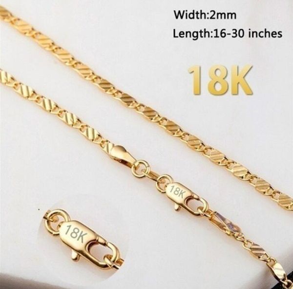 

2mm flat chain necklace women men hip hop 18k gold 925 silver necklaces 16 18 20 22 24 26 28 30 inch