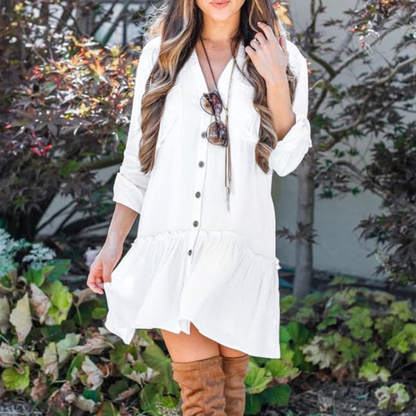 

women open front mini dress long sleeve button pleated wrap v neck summer, Black;gray