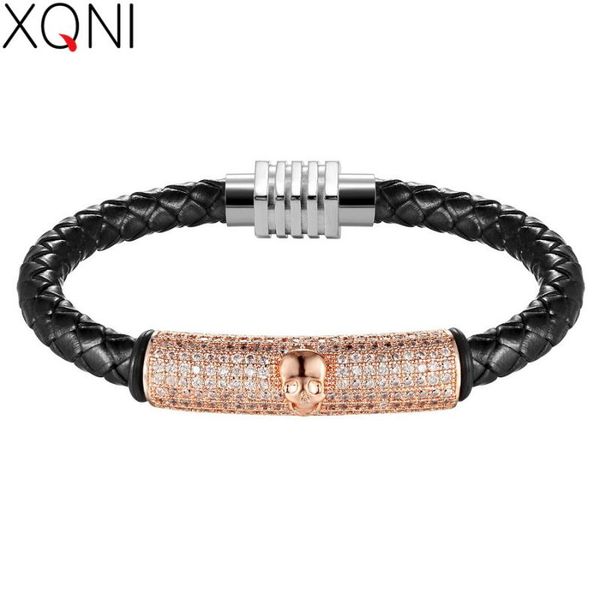 

xqni latest 4 colors magnetic clasp fashion micro pave cubic zircon genuine punk man leather bracelet skull for men, Red;blue