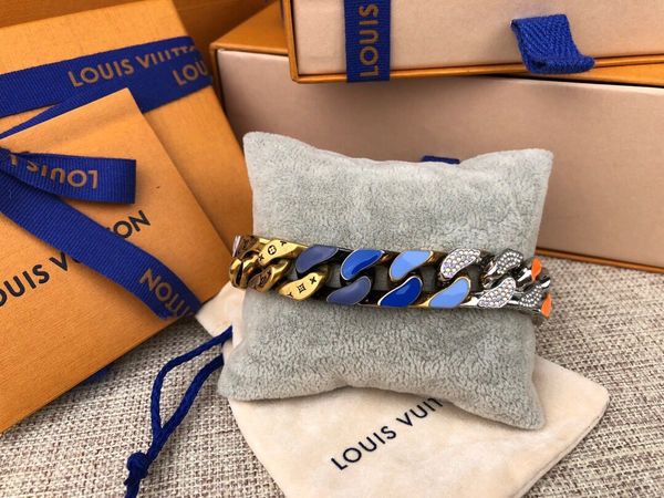 

chain links patches bracelets colored enamel 18k gold thick bracelets fashion men women titanium steel engrave jewelry with box, Black