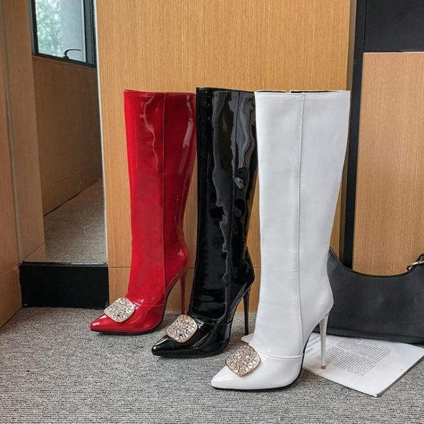 

us4-13 womens pointy toe patent leather knee thigh boots rhinestones crystal stilettos high heel shoes riding plus size 3colors, Black