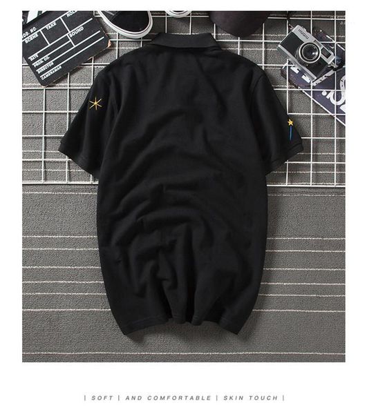 

summer teenagers casual tees black embroidery mens designer polos loose lapel neck stars print mens, White;black