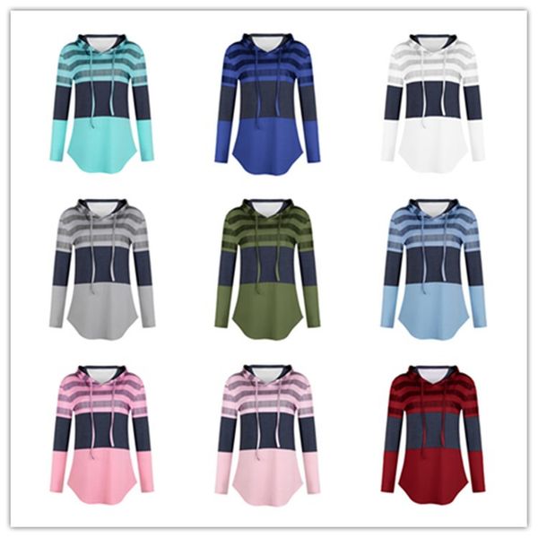 

women clothes designer loose striped print long sleeve hooded t shirt hoodie sweater fall fashion casual sports 9 colors e81804, White