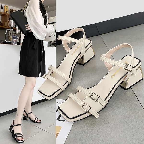

buckle decoration strappy heeled sandals women's shoes fashion solid color open-toe block heels, Black