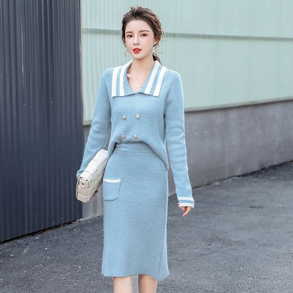

goddess style knitted suit 2020 autumn and winter korean style color matching lapel nail + fashion high waist hip-covered sweater sweater b, Gray