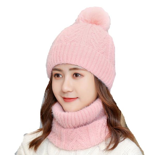 

outdoor cycling windproof beanie skullies hats suit women's velvet wool hats bib sets women hair ball knit caps female, Blue;gray