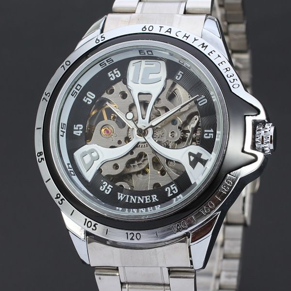 

50pcs/lot winner-d169 skeleton winner date watch stainless steel mechanical watch hollow out men calendar winner, Slivery;brown