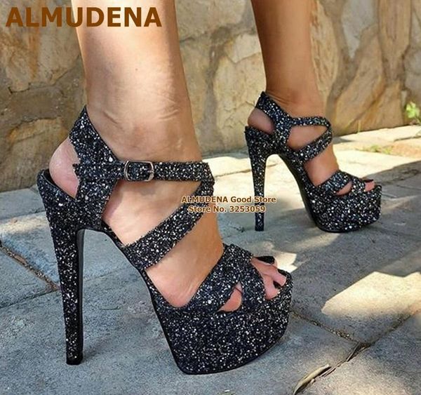 

almudena black glittering sequined high heel sandals platform bling bling buckle strap caged dress shoes wedding heels size47