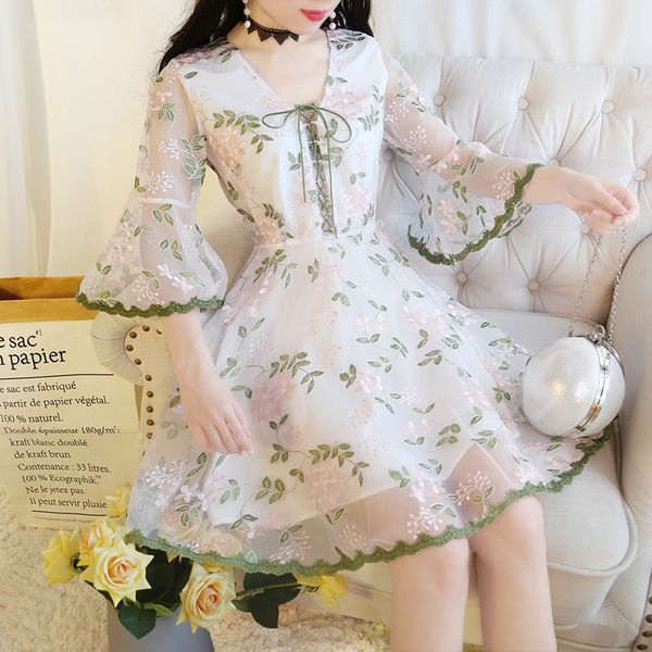 

s  l elegant new summer 2020 women midi dress half sleeve pink green flower print v neck vintage a line lady, Black;gray