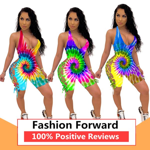 

womens tie dye fashion rompers casual tie-dye bandage halter jumpsuit, Black;white
