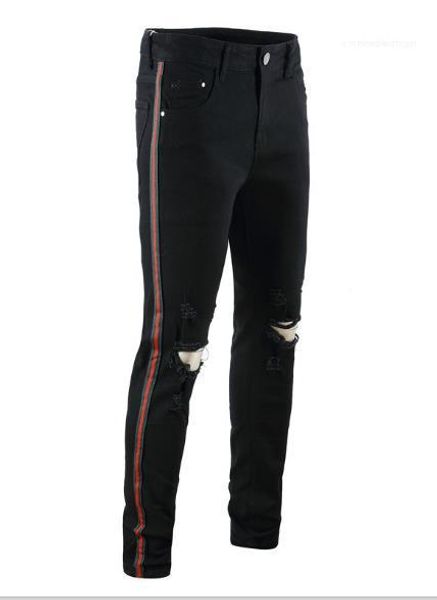 

mens pencil pants men designer jeans holes black red ribbon street hiphop mens jeans fashion, Blue