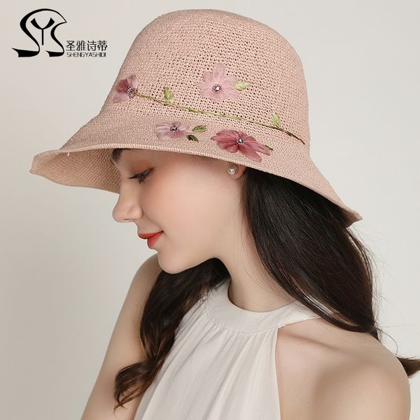

2020 new korean version of hand-embroidered sun hat female sun protection hat fisherman knotted wild woven straw, Blue;gray