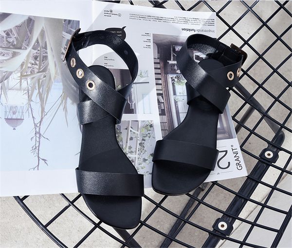 

2020 summer luxury buckle strap women sandals runway brand round open toe flats shoes ladies party sandals shoes, Black