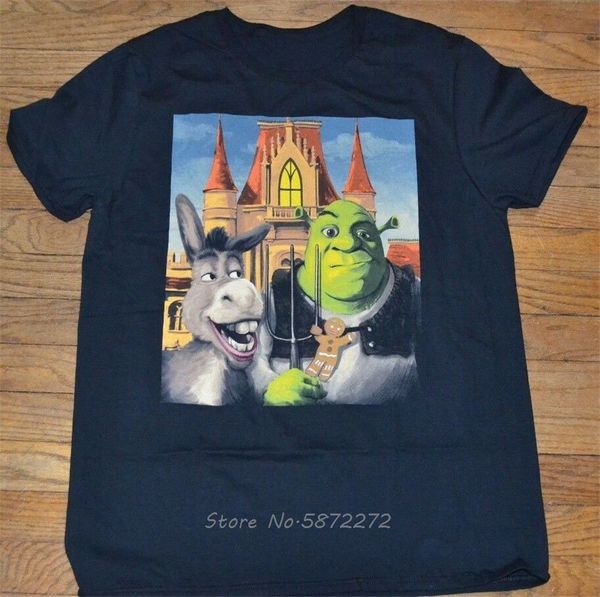 

shrek & donkey mens graphic t-shirt american gothic pitchfork painting tee men cotton o-neck tshirt