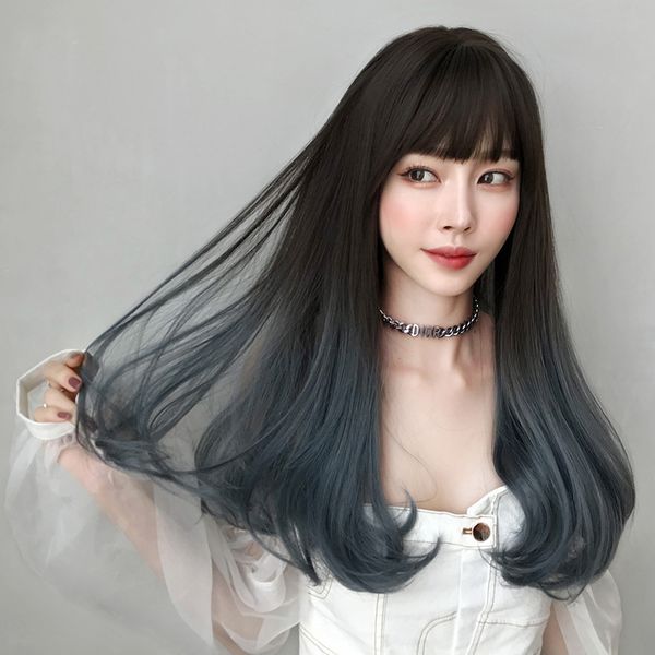 

fashion women girls sweet style long wavy gradient haze blue wigs natural air bangs synthetic hair lace front wigs, Black