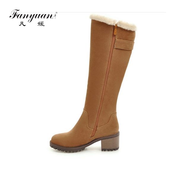 

fanyuan женщины сапоги зимние женские обувь женщина мех теплый снег сапоги fashion square high heels по колено черный, Black