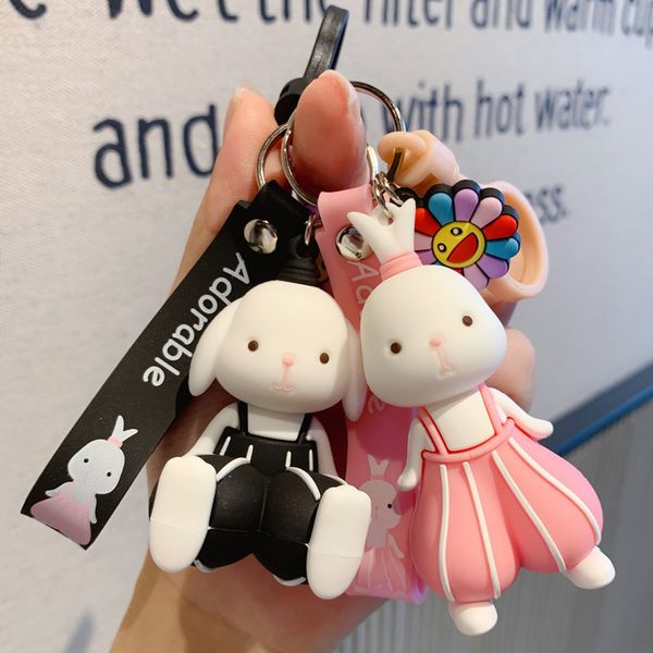 

cute cartoon pink overalls doll keychain fashion pendant for women girl bag charms keyring lovers jewelry, Silver