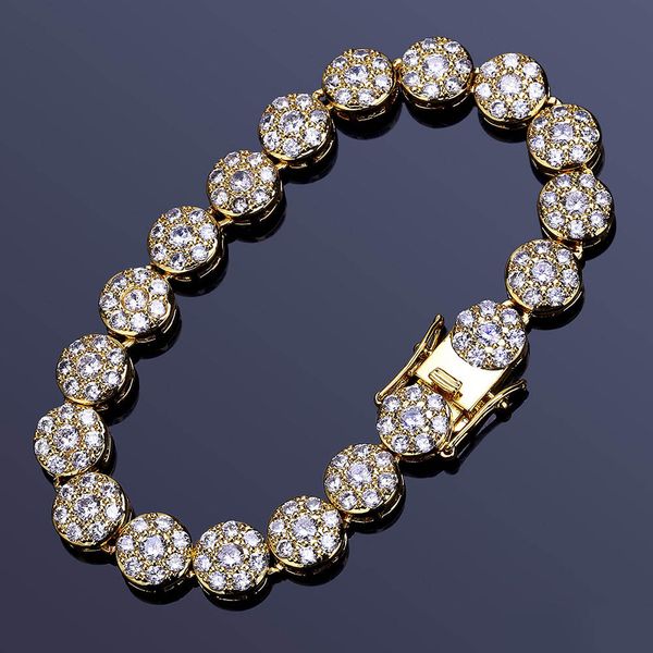 

hip-hop 8 inch bracelet accessories with tiny zircons plum blossom petals and circular men's gold bracelet, Golden;silver