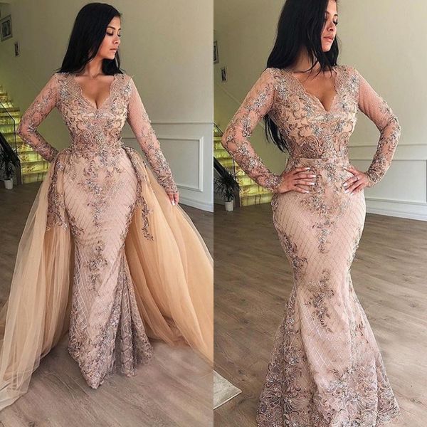 

Chic V Neck Long Sleeve Evening Dresses With Tulle Detachable Train Elegant Mermaid Ruffles Appliques Lace Prom Gowns Custom Made