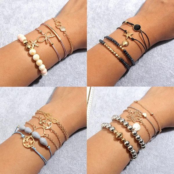

flatfoosie new multi layer beaded bracelet for women gold sliver color metal shell star bracelets & bangles jewelry female gifts, Black