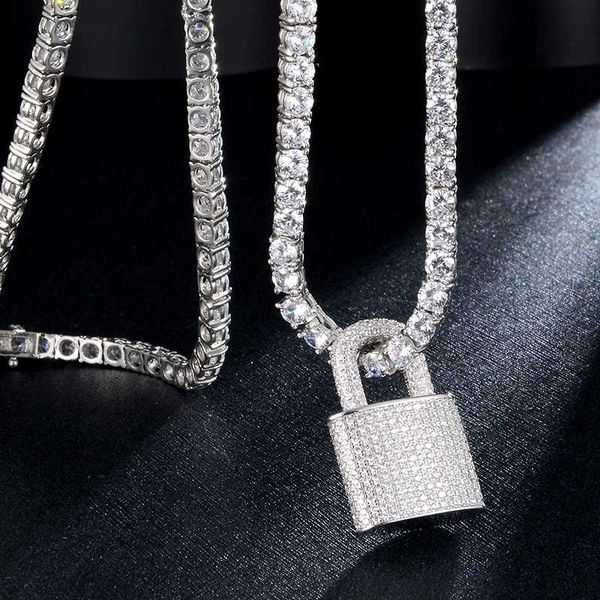 

hip hop bling lock iced out bling cubic zircon necklace & pendant for men jewelry charm tennis chain, Silver