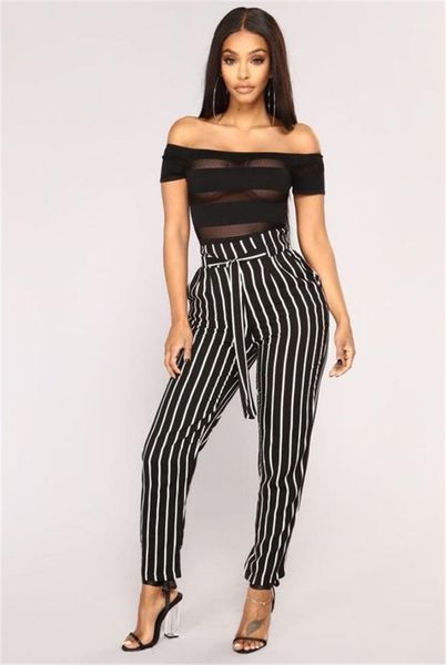 

waist pant striped printed womens pencil pants designer drawstring natural color capris pants casual regular high, Black;white