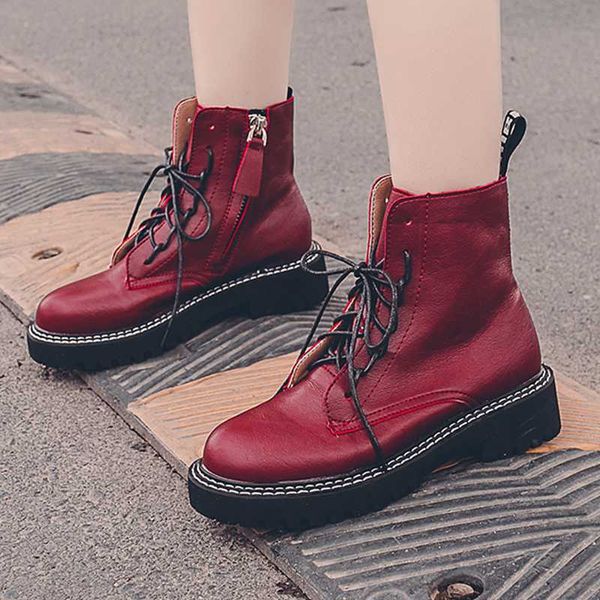 

2020 fashion ankle boots women motorcycle boots lace-up autumn breathable soft leather zipper shoes ladies punk flat, Black