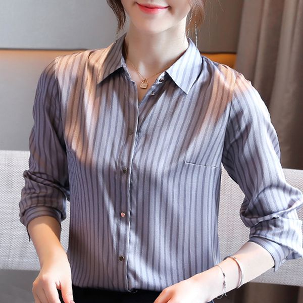 

long sleeve chiffon blouse shirt women shirts blusas mujer de moda 2020 blouse women turn down collar striped office d428, White