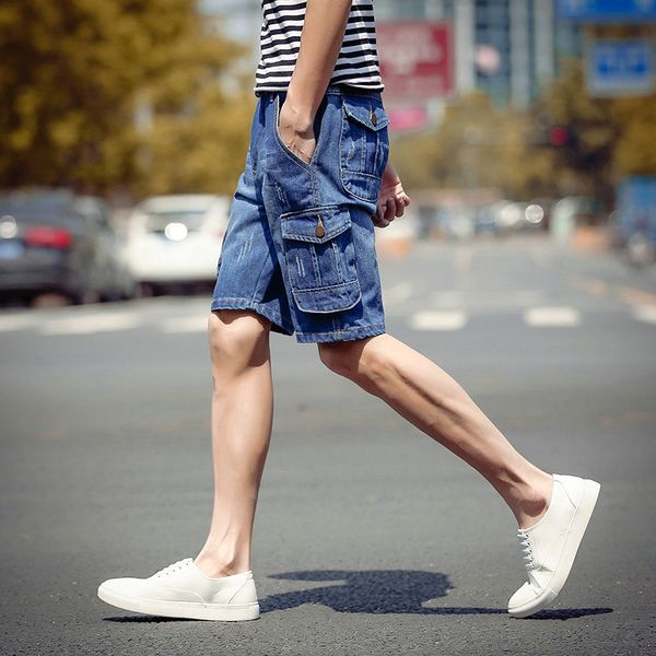 

summer denim shorts men's fat to increase the code five points denim shorts pockets pants large pants, Blue