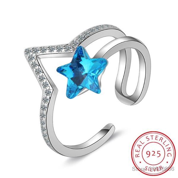 

new temperament fashion wild women blue crystal 925 sterling silver jewelry personality stars opening rings sr380, Golden;silver