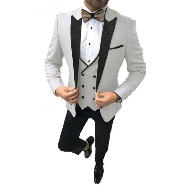 

2020 groomsmen white groom tuxedos peaked black floral lapel men suits for wedding party man 3 pieces ( jacket+pants+vest, White;black