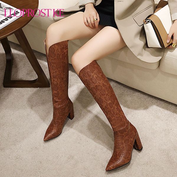 

lloprost ke size 34-48 print western boots female new brand women boots thick high heel knee high pointed toe ladies shoes, Black