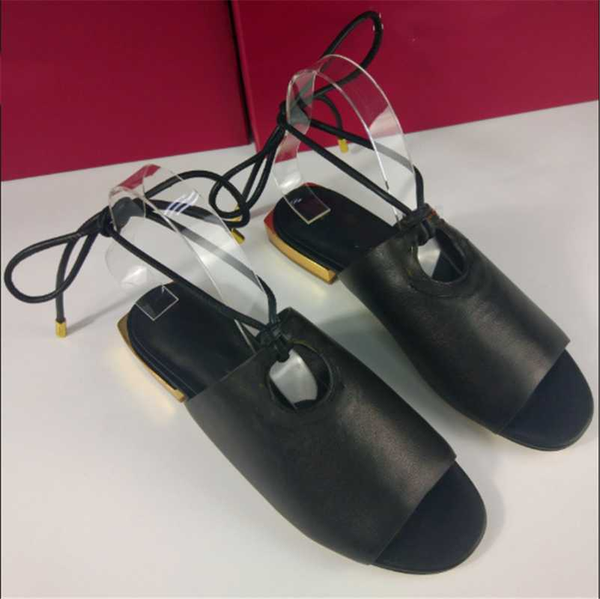 

new bow tie lace fashion women's shoes simple and comfortable leather slipper wide band thick heel slingback flat roman sandals, Black