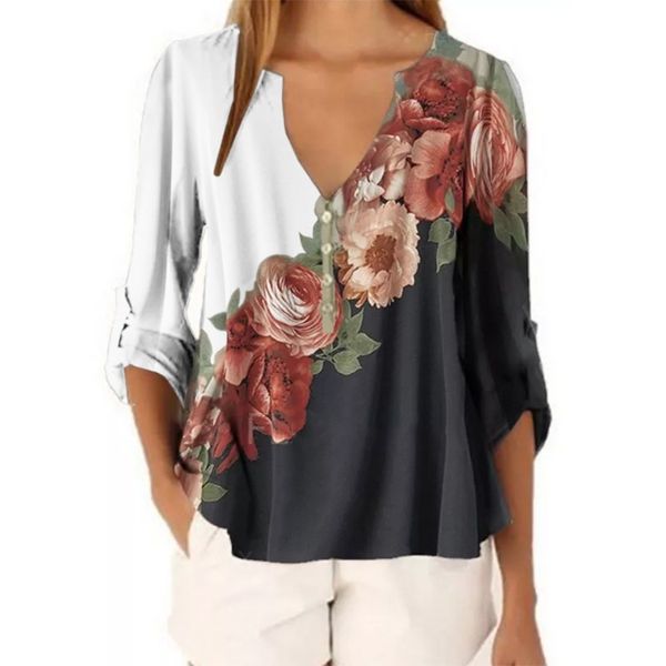 

women elegant floral print blouse chiffon shirts autumn v-neck button long sleeves ladies office casual streetwear 5xl, White