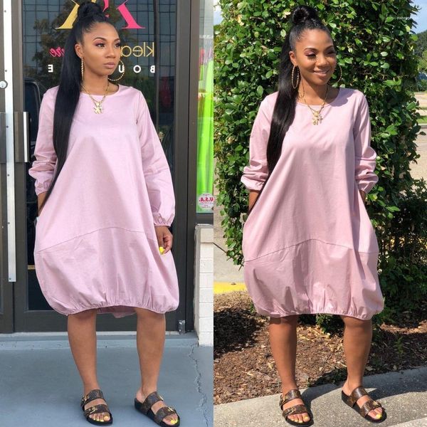 

o neck ladies clothing 2020 womens designer dress solid color casual loose pocket dresses long sleeve, Black;gray