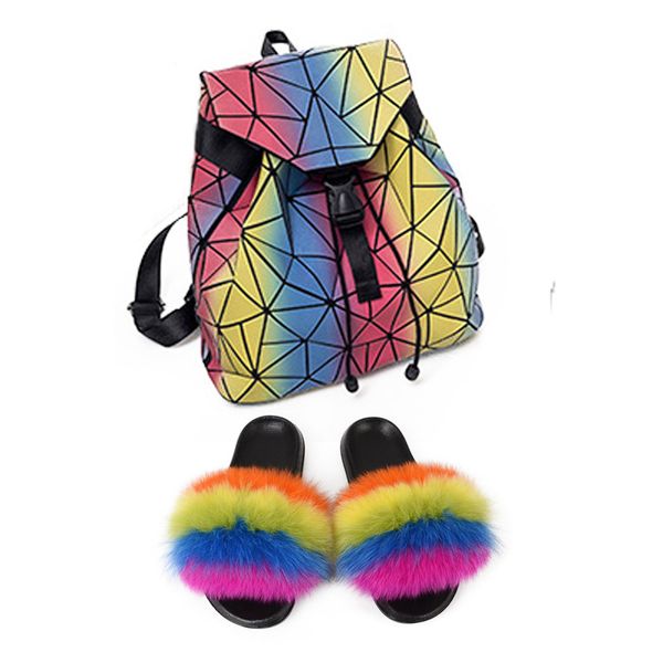 

wholesale fur slippers and colorful backpack set women furry fluffy slippers woman bag ladies, Black
