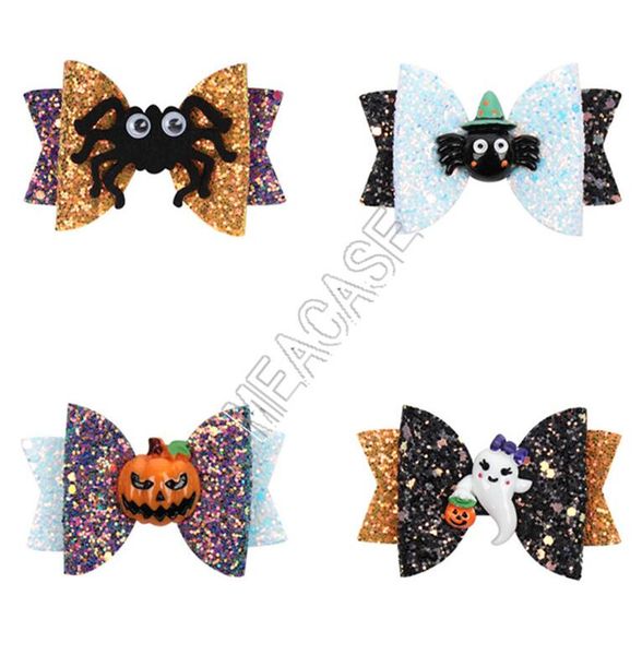 

3inch halloween kids hairpin funny props bows barrettes cartoon pumpkin glitter powder children gift hairpin hair accessories 4 color d82002, Slivery;white