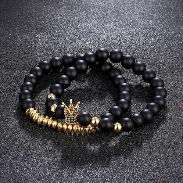 

2pcs/set natural stone pave cz imperial crown charm bracelet with hematite bead for men women bracelet jewelry pulseira hombres, Golden;silver
