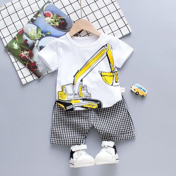 

baby summer boys clothing sets fashion printing excavator t-shirts + grid short 2pcs suit children clothes kg-174, White