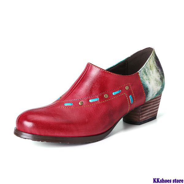 

retro pattern stitching metal bead genuine leather square heel pumps elegant shoes women shoes botas mujer 2020, Black